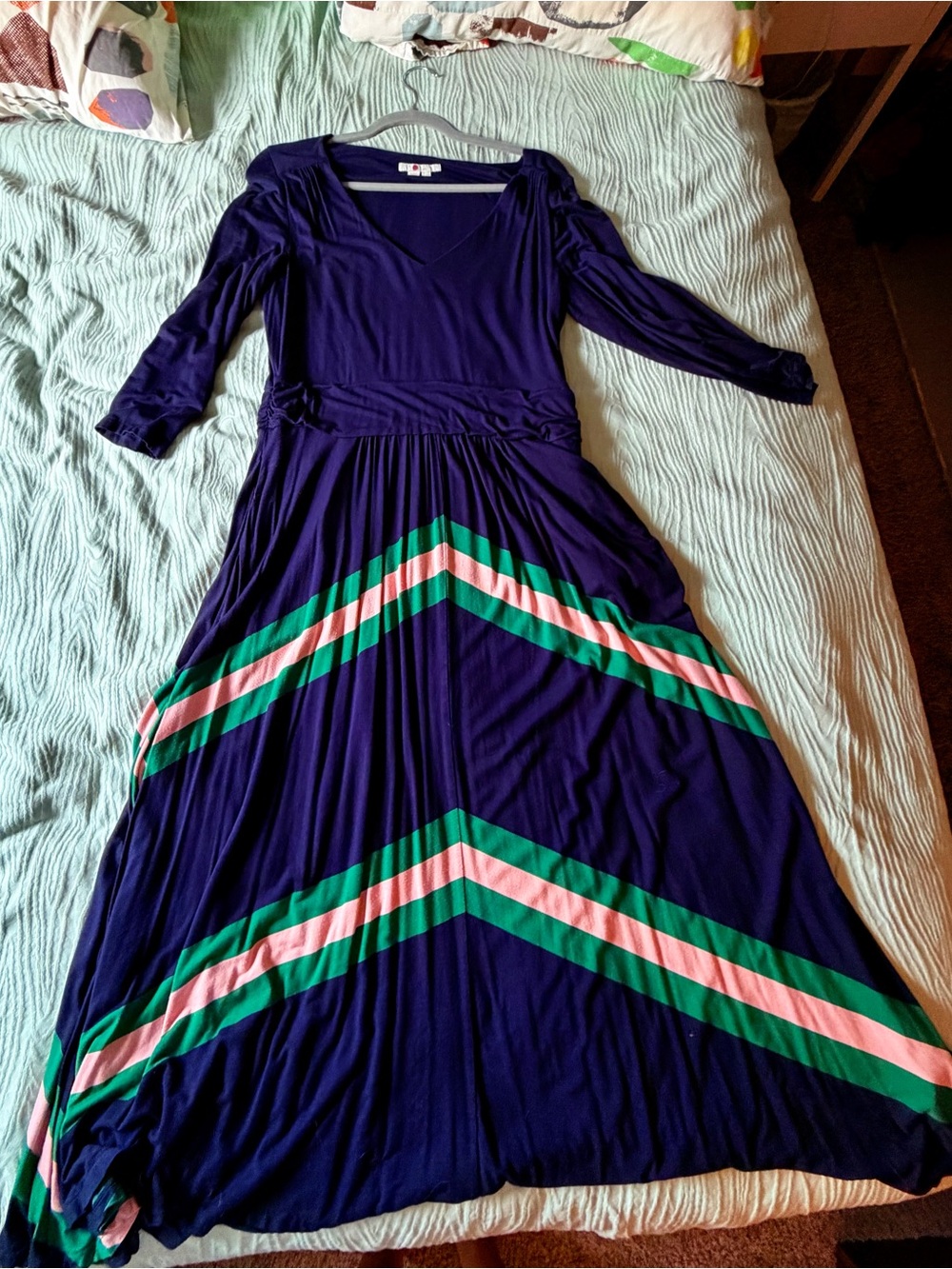 Boden Navy Maxi Dress with Pink and Green Chevron Stripes